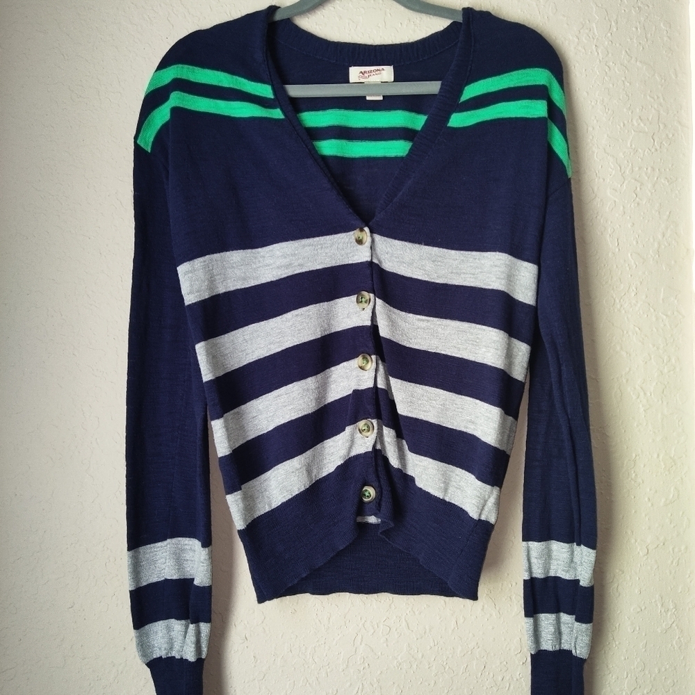 Arizona Jean Co. Women's Navy Blue Grey Green Stripes Cardigan size M